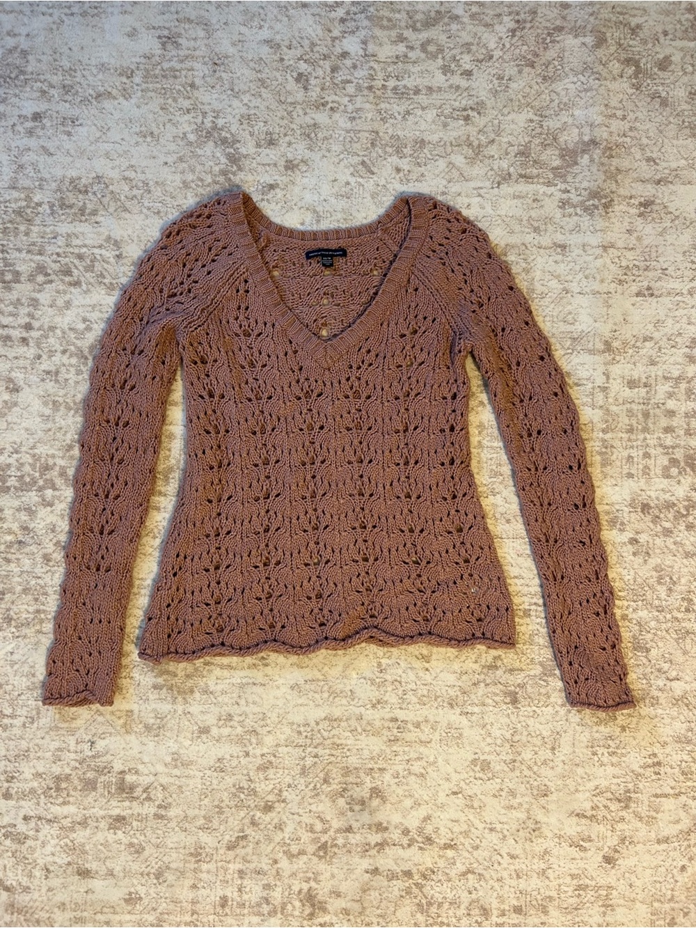 American Eagle Outfitters Mauve Open-Knit V-Neck Sweater